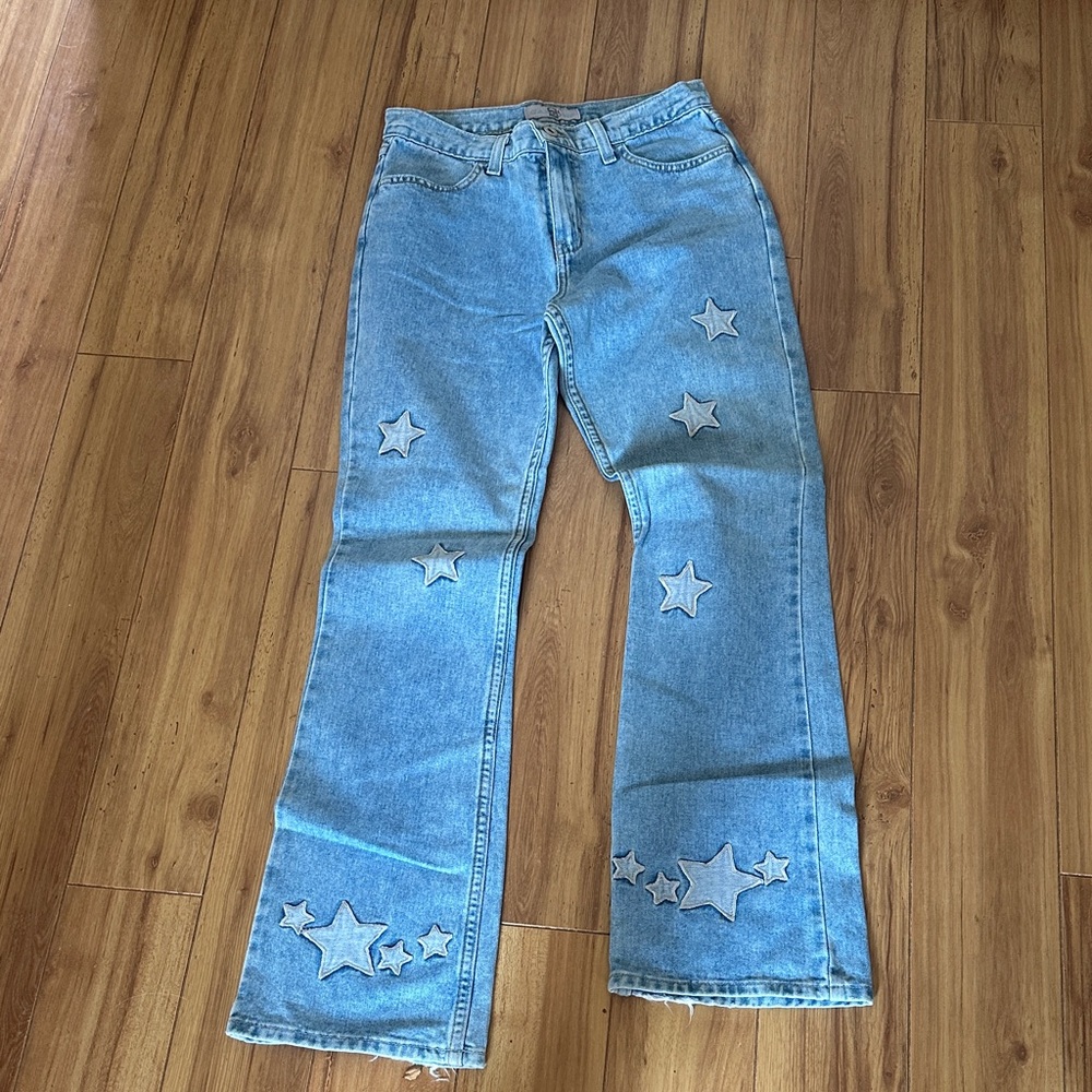 Kids Light Blue Star Appliqué Wide-Leg Jeans